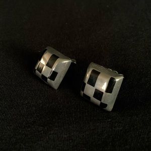 New Chunky Sterling Sliver Modernist Square Clip On Earrings Onyx Inlay 925